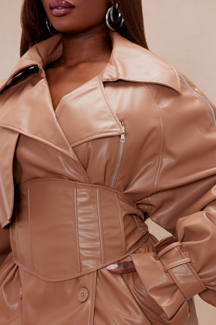 Kendra Faux Leather Trench Coat - Camel