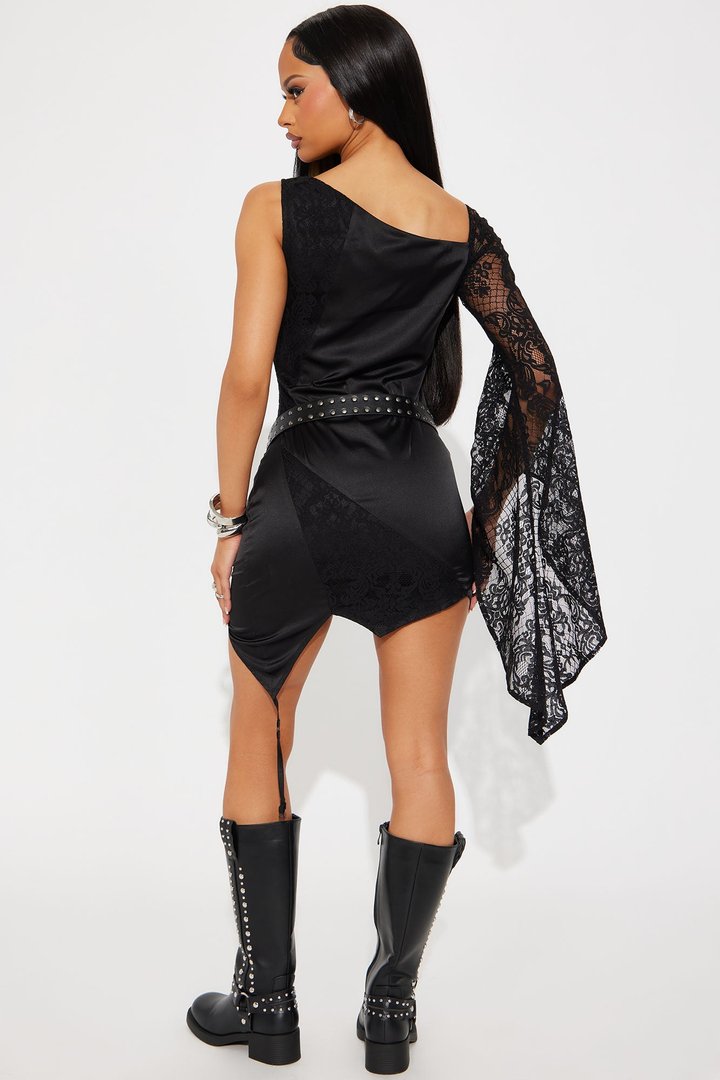 Meet In VIP Asymmetrical Satin Mini Dress - Black