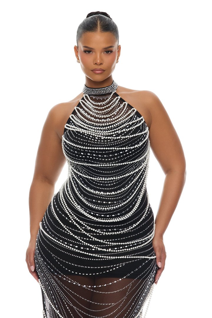 Chloe Embellished Pearl Maxi Dress - Black