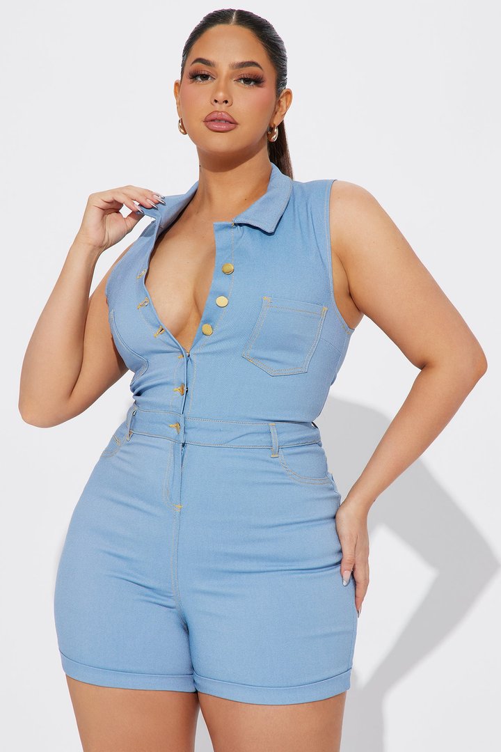 Look At You Super Stretch Romper - Medium Wash