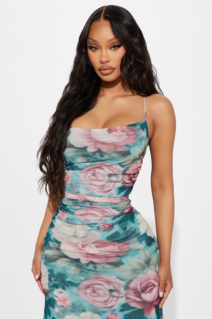 Rise Up Mesh Floral Midi Dress - Turquoise/combo