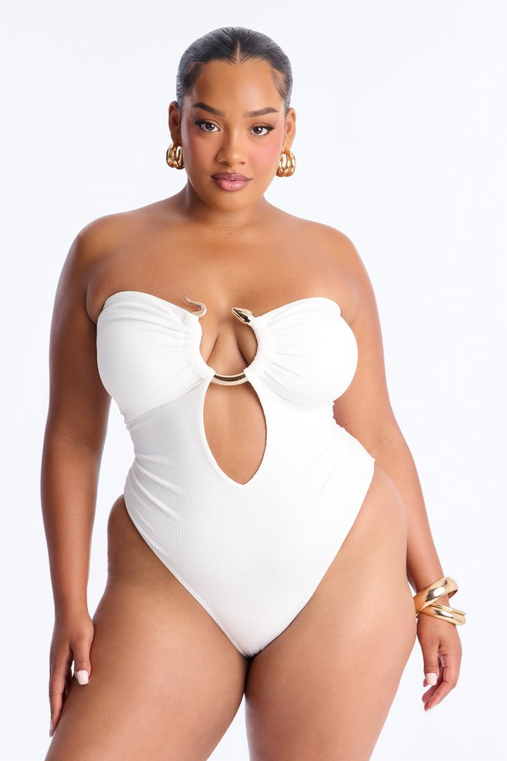 Summer Charm Snake Hardware Strapless 1 Piece Swimsuit - White