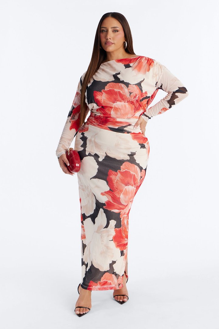 Tatum Backless Drape Mesh Maxi Dress - Red/combo