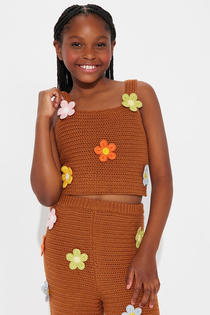 Mini Floral Fields Crochet Pant Set - Mocha