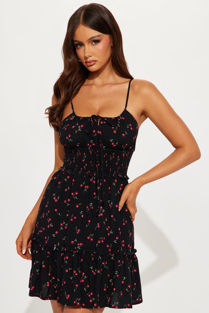 Melinda Smocked Mini Dress - Black/Red
