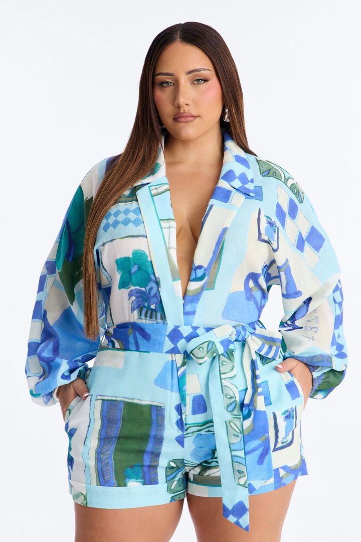 Hidden Oasis Collar Long Sleeve Linen Romper - Blue/combo