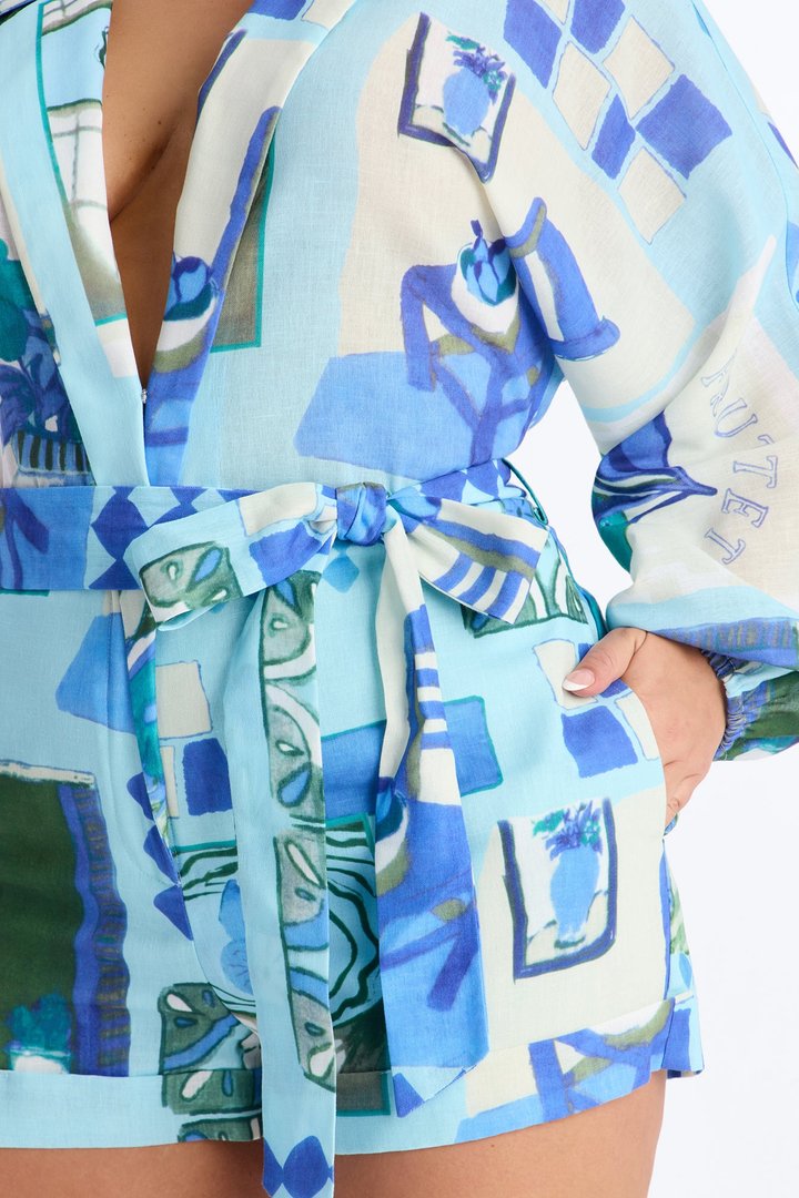 Hidden Oasis Collar Long Sleeve Linen Romper - Blue/combo