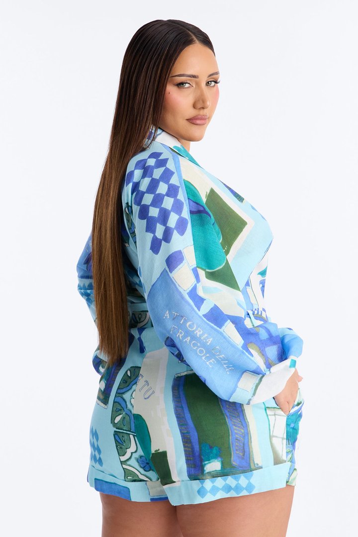 Hidden Oasis Collar Long Sleeve Linen Romper - Blue/combo