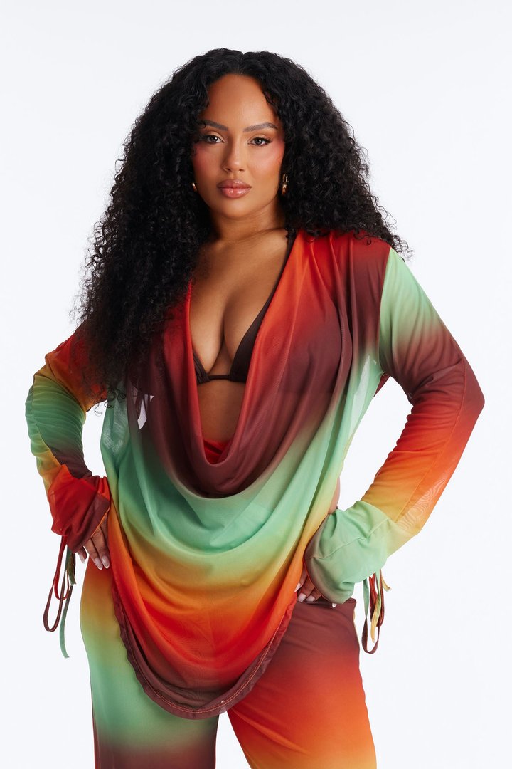 Summer Muse Cowl Neck Mesh Cover Up Pants Set - Multi Color