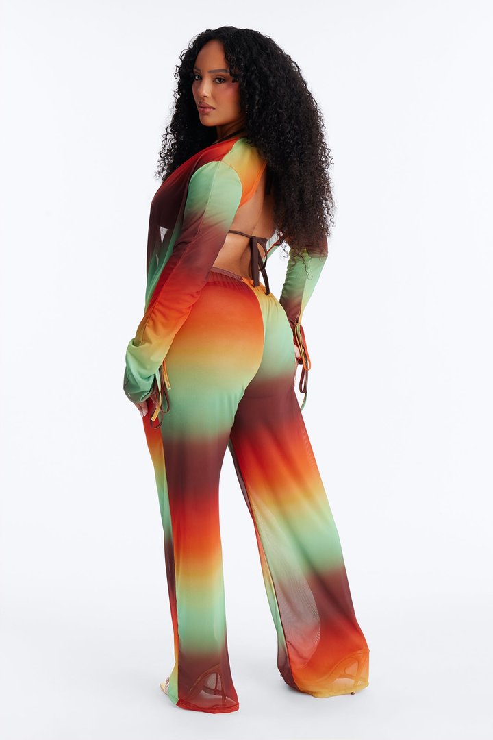 Summer Muse Cowl Neck Mesh Cover Up Pants Set - Multi Color