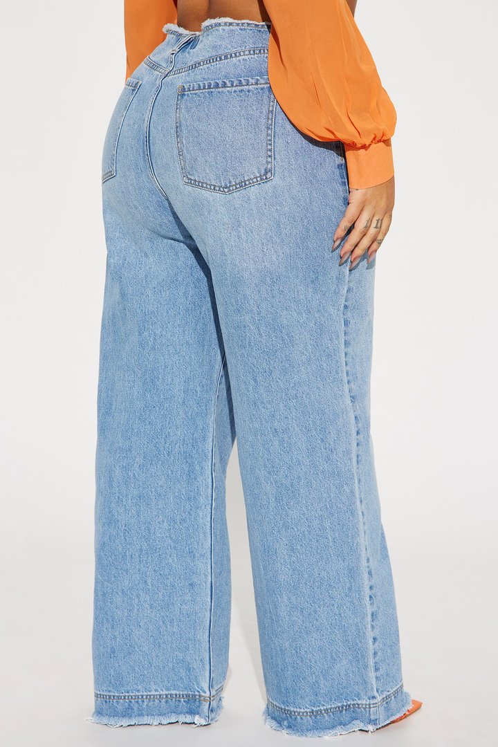 In Your Dreams Cut Off Waistband Baggy Jean - Medium Wash