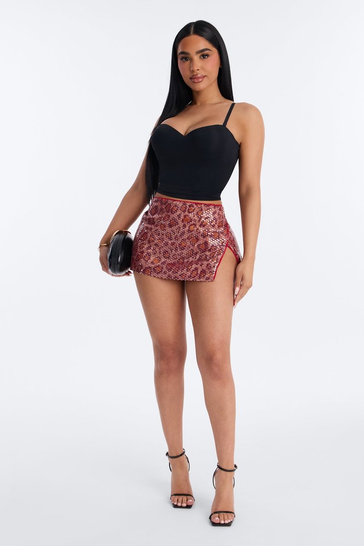 Anaya Sequin Leopard Micro Mini Skirt - Red/combo