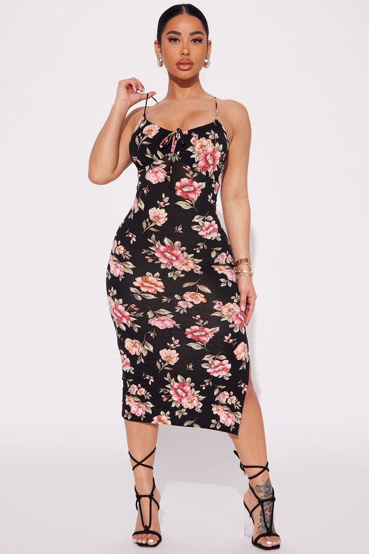 Floral Lace Up Midi Dress - Black