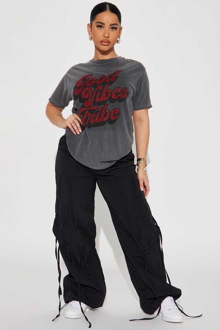 Good Vibes Tribe Rhinestone Tshirt - Charcoal