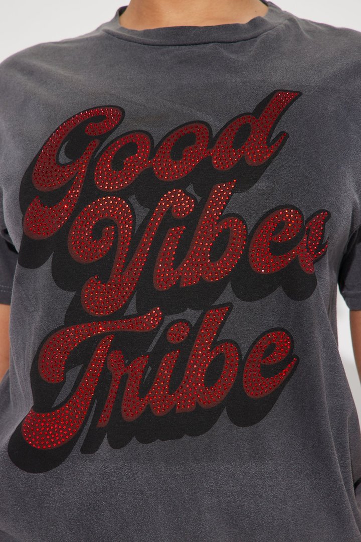 Good Vibes Tribe Rhinestone Tshirt - Charcoal