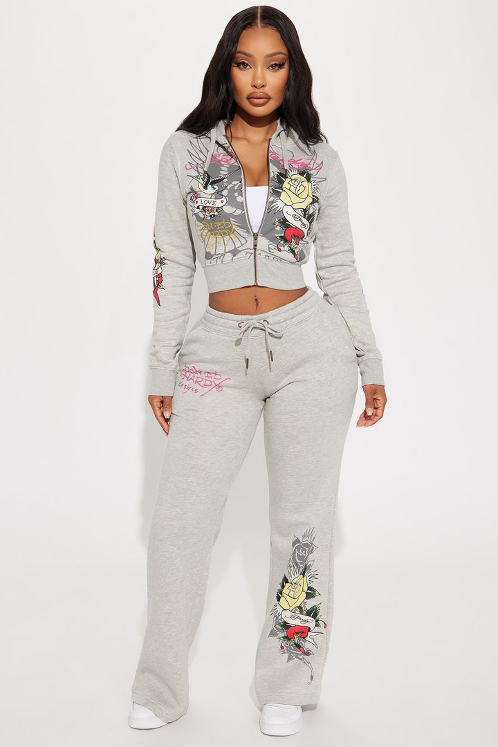 Ed Hardy Rose And Sword Zip Front Hoodie - Heather Grey