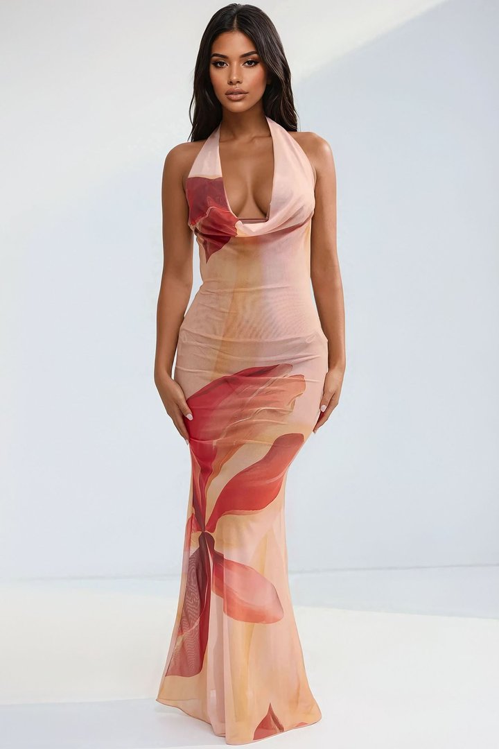 Paradise Calling Flower Mesh Cover Up Maxi Dress - Pink/combo
