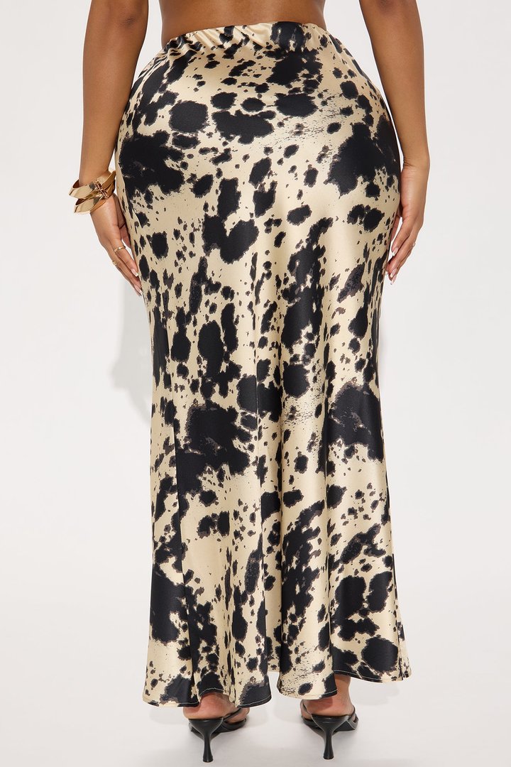 On The Move Cow Print Low Rise Satin Maxi Skirt - Cream/combo