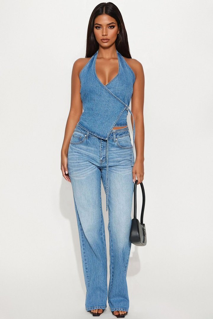 Angela Denim Pant Set - Medium Wash