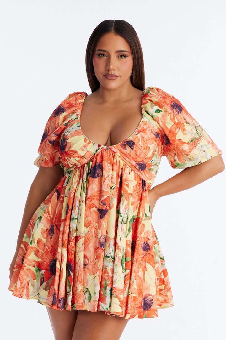 Gardenia Puff Sleeve Mini Dress - Orange/combo