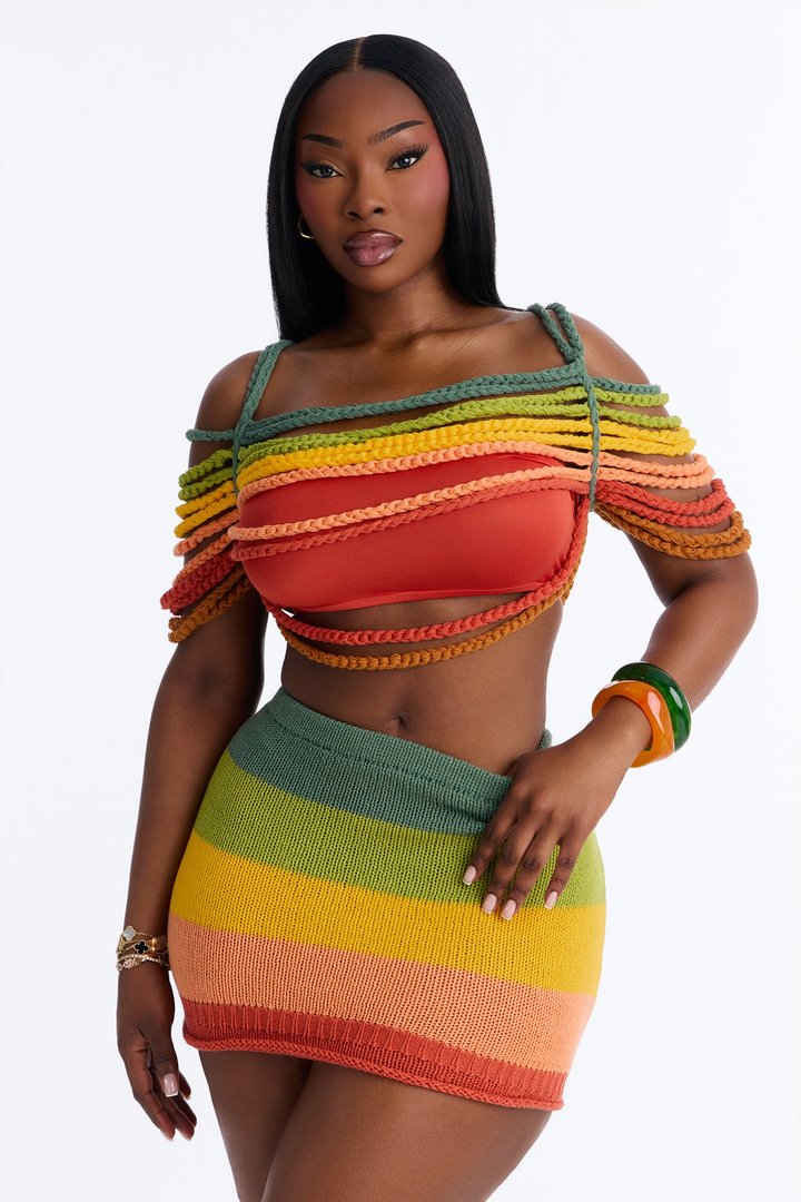 Rainbow Rush Crochet Off Shoulder Skirt Set - Multi Color