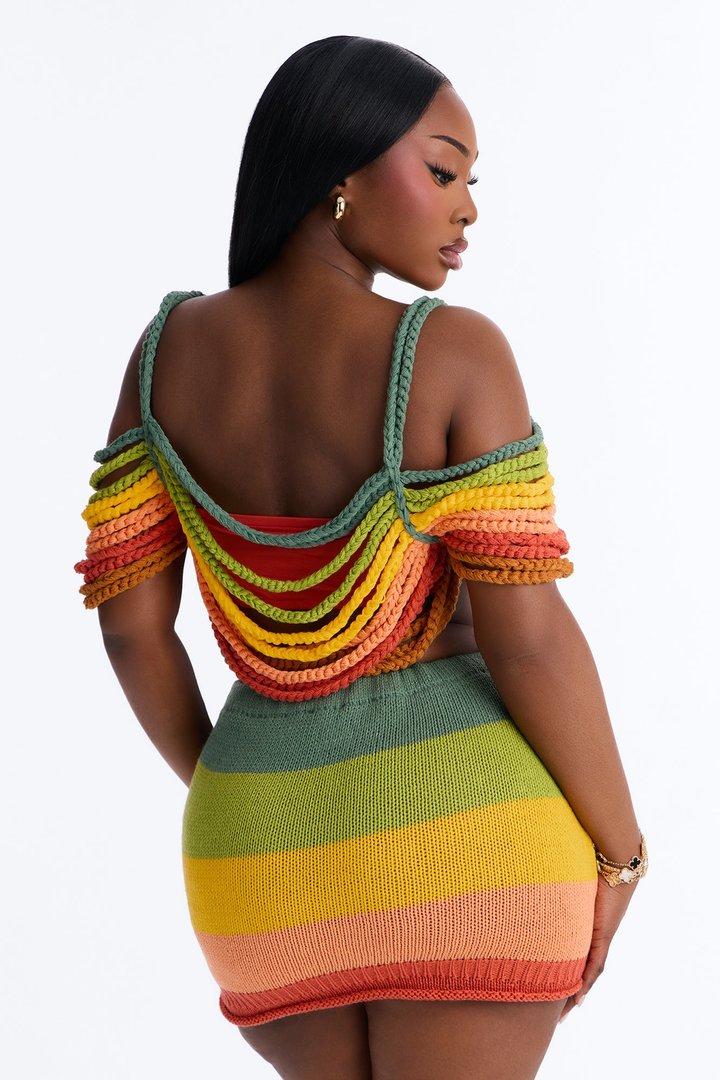 Rainbow Rush Crochet Off Shoulder Skirt Set - Multi Color