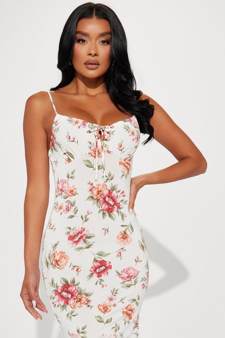Floral Lace Up Midi Dress - Off White