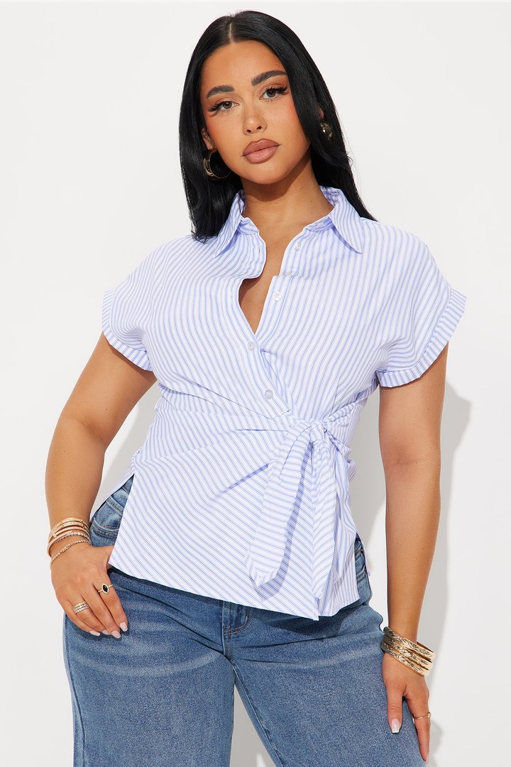 Here For The Vibes Striped Poplin Shirt - Blue