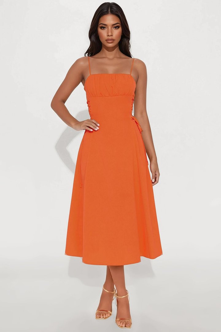 Jackie Lace Up Midi Dress - Orange