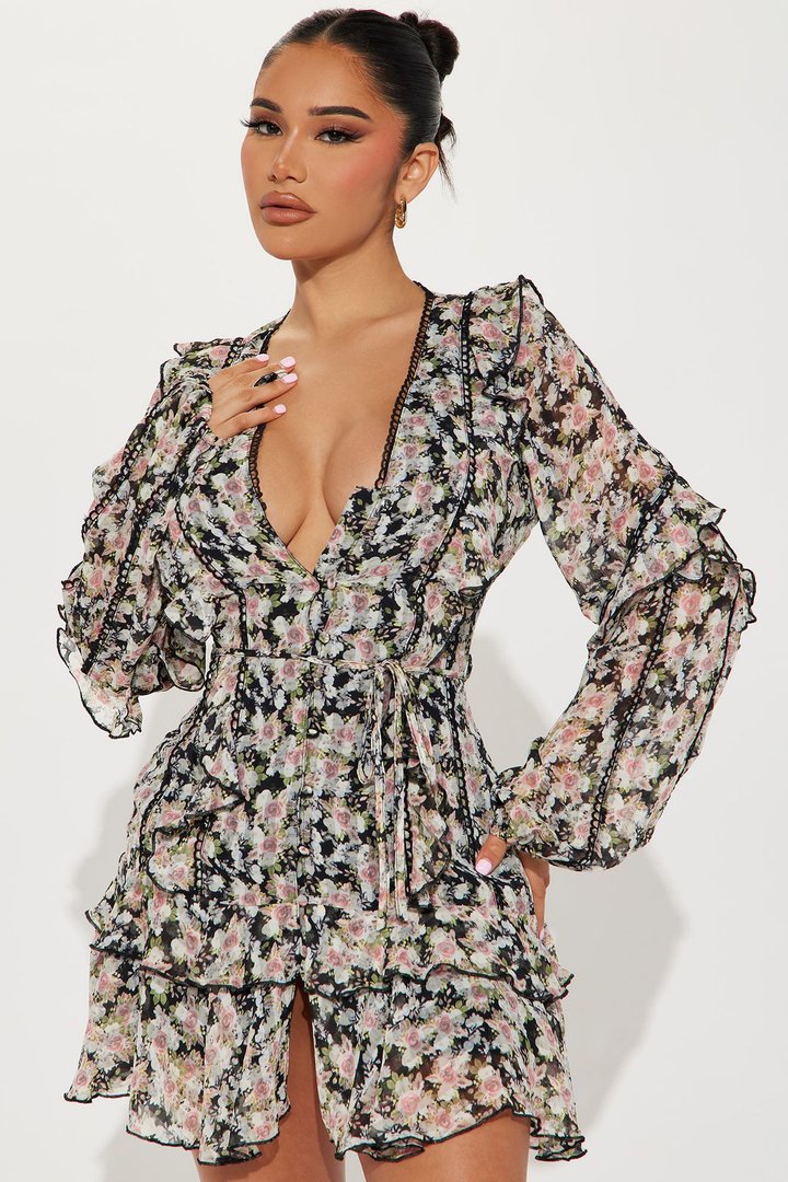 Edith Ruffle Mini Dress - Black/combo