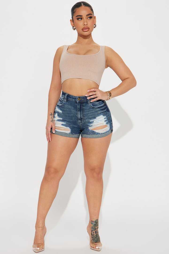 Quiet Quitter Cuffed Denim Shorts - Dark Wash