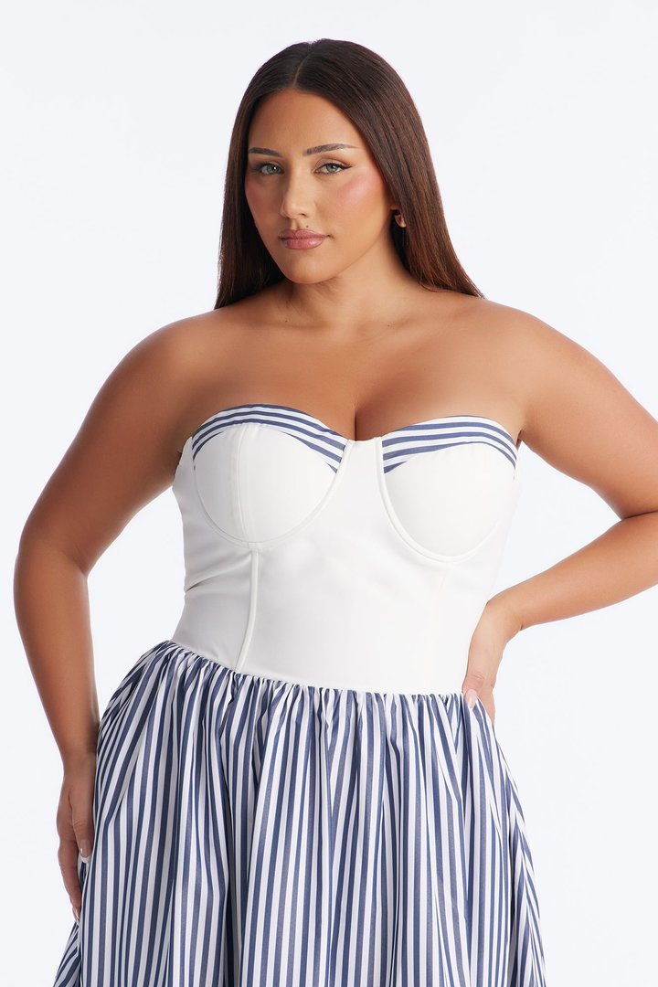 Stay A While Pinstripe Midi Dress - Navy/combo