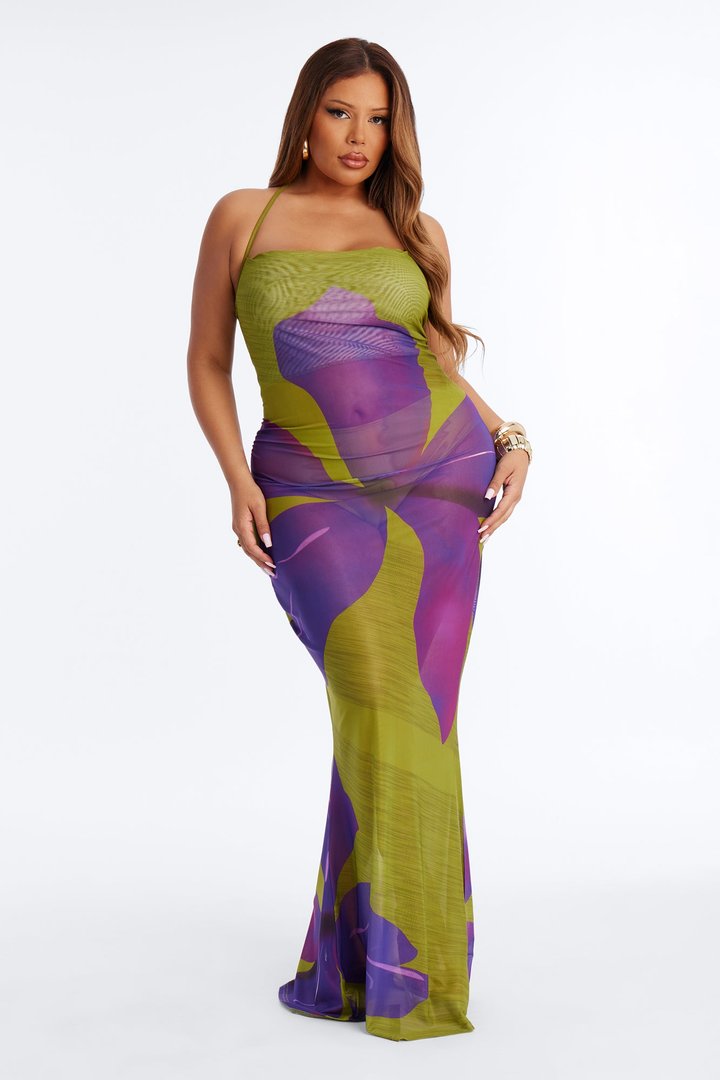 Hawaiian Sun Flower Mesh Cover Up Maxi Dress - Green/combo