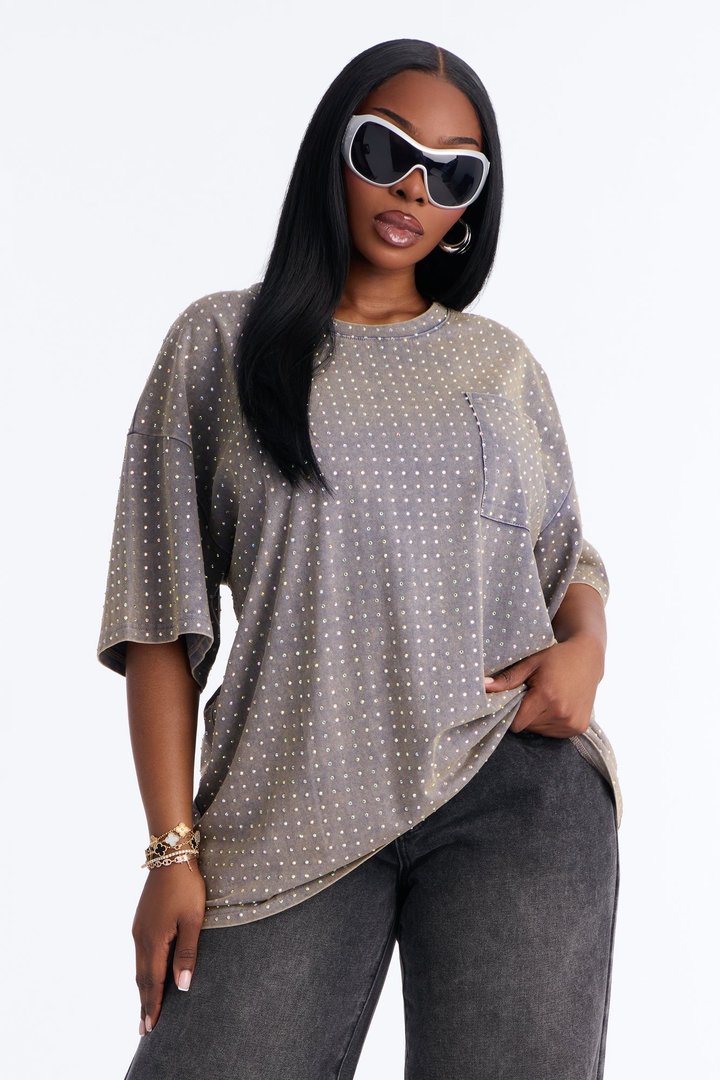 City Sparkle Rhinestone Short Sleeve Oversized T-Shirt - Charcoal