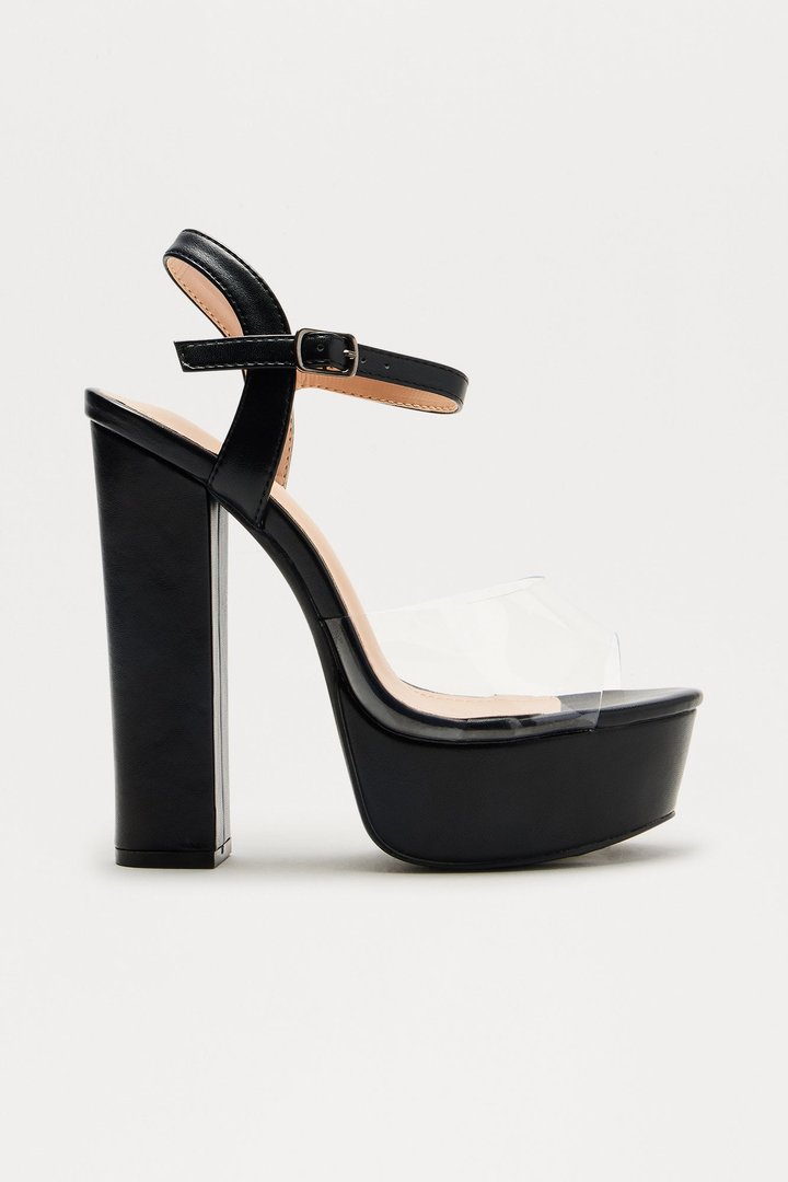 Bossy Clear Strap Platform Block Heels - Black
