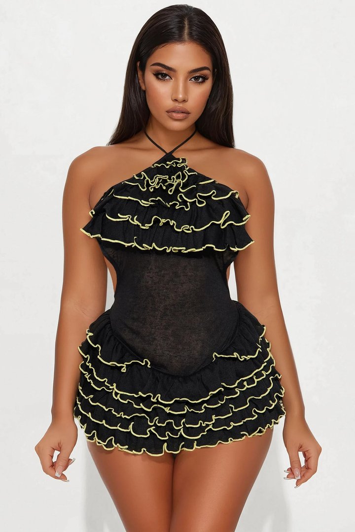 Mimi Ruffle Micro Mini Dress - Black