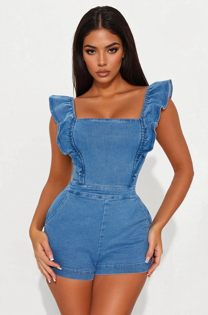 Raquelle Ruffle Denim Romper - Medium Wash