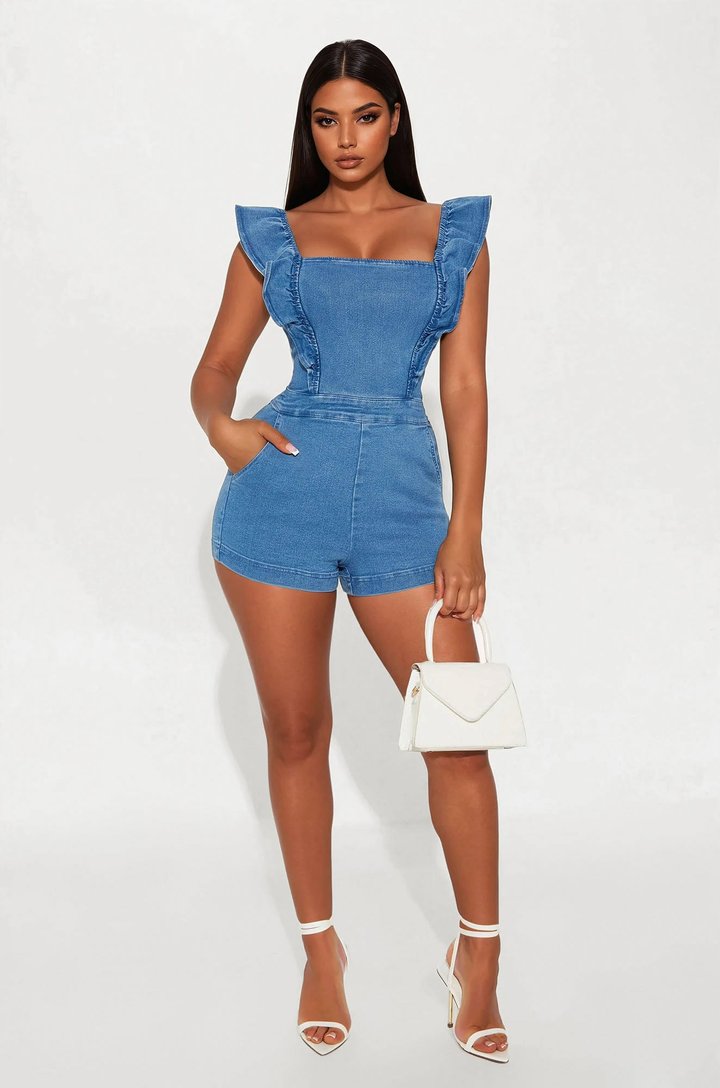 Raquelle Ruffle Denim Romper - Medium Wash