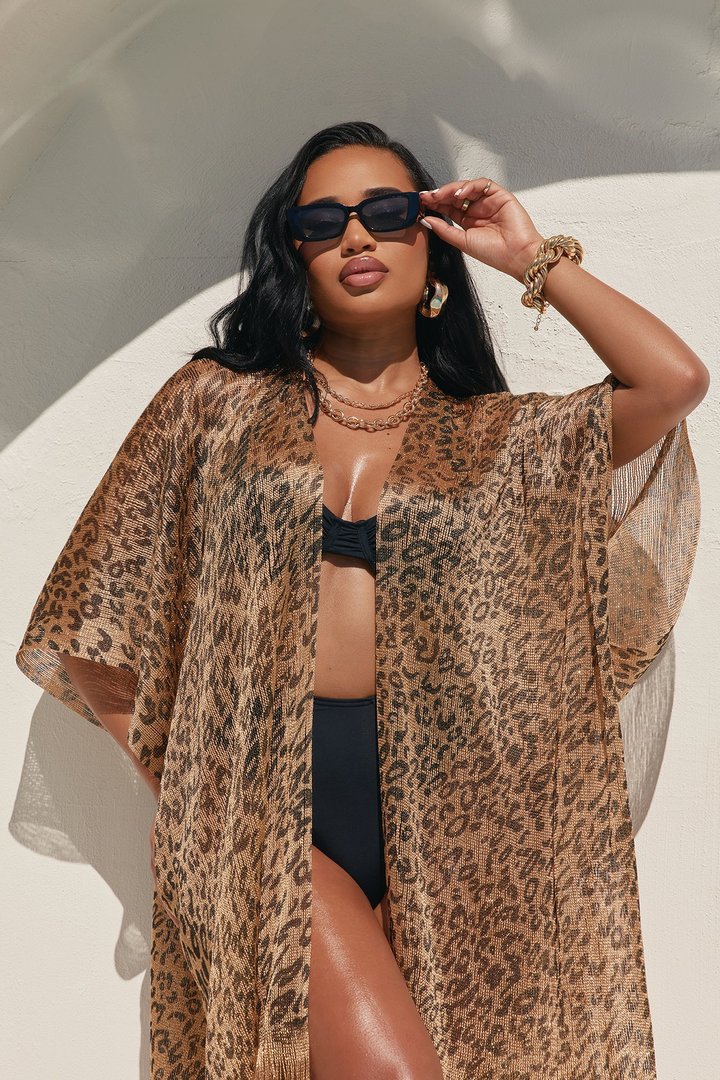 Kerry Fringe Animal Cover Up Kimono - Gold/combo