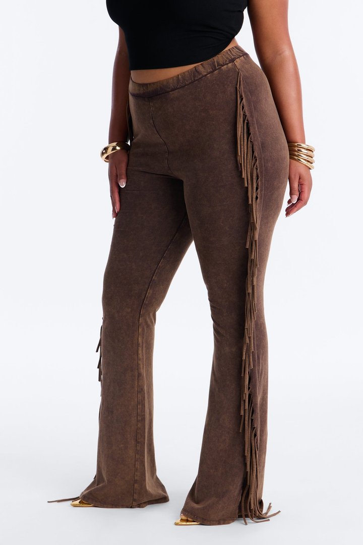 Josie Fringe Washed Mid Rise Flare Pant 33″ - Brown