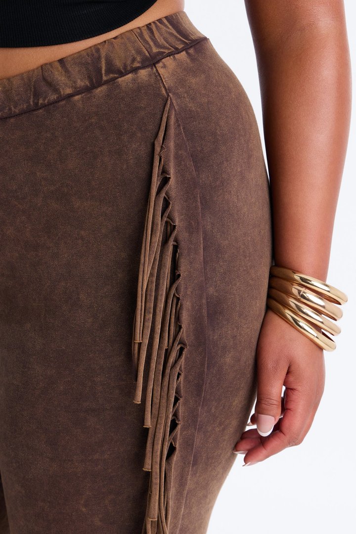Josie Fringe Washed Mid Rise Flare Pant 33″ - Brown