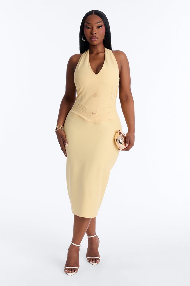Nice Doing Business Crepe Midi Dress - Butter Yellow