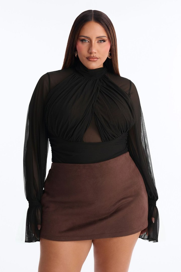 Juliet Ruched Mesh Long Sleeve Bodysuit - Black