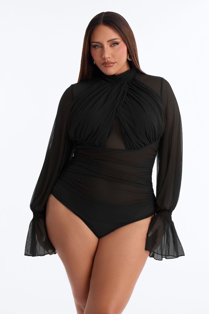 Juliet Ruched Mesh Long Sleeve Bodysuit - Black