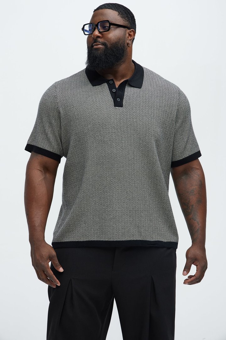 Harry Herringbone Button Down Sweater Polo - Black/combo