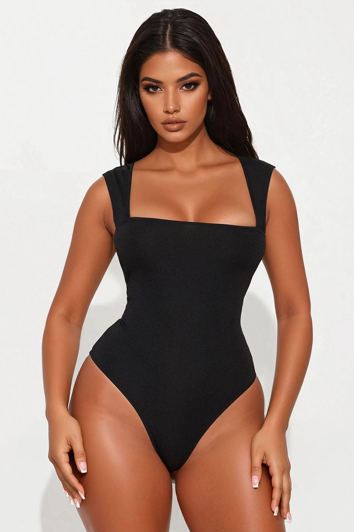 Aviana Square Neck Open Back Bodysuit - Black