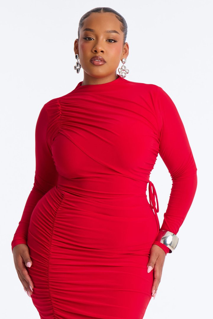 River Long Sleeve Midi Dress - Red