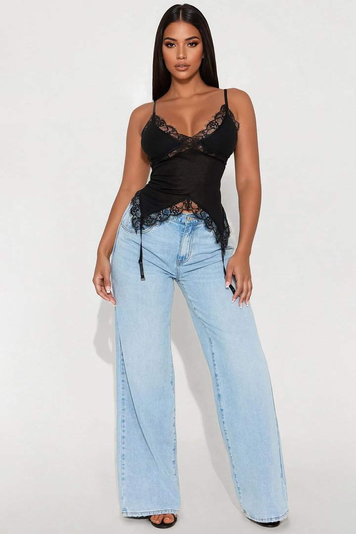 Monroe Lace Trim V-Neck Top - Black