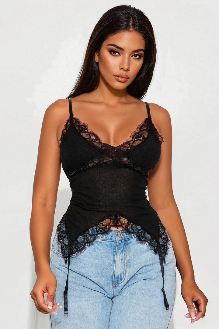Monroe Lace Trim V-Neck Top - Black