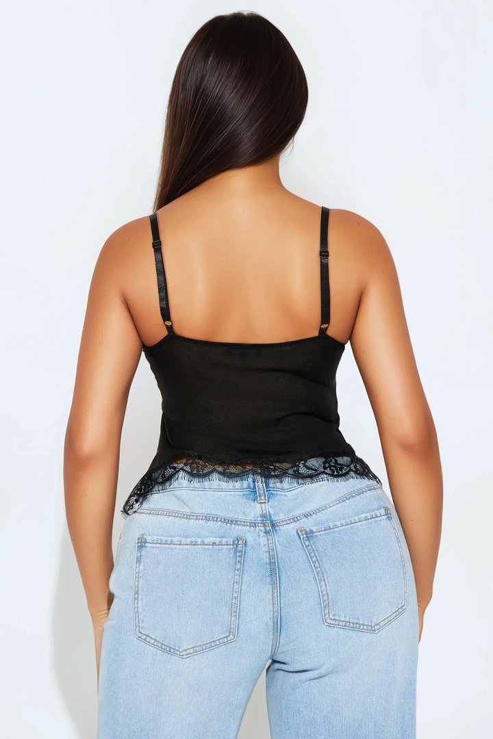 Monroe Lace Trim V-Neck Top - Black
